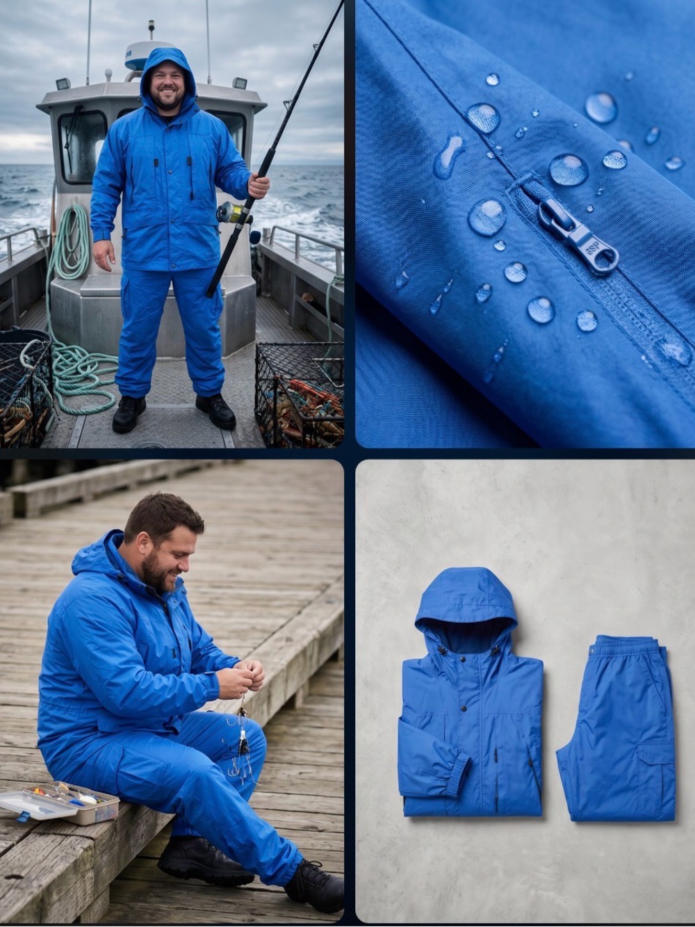 Blue Raincoat with Waterproof Fabric and Hood Set plus waterproof pants